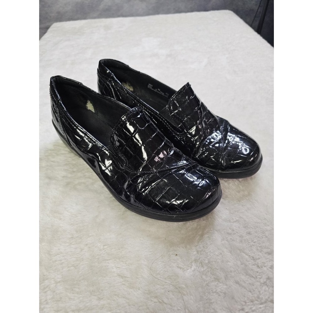 Clarks Bendables Shoes Womens‎ 9 M Croc Print Wedge Loafer Black Faux Leather